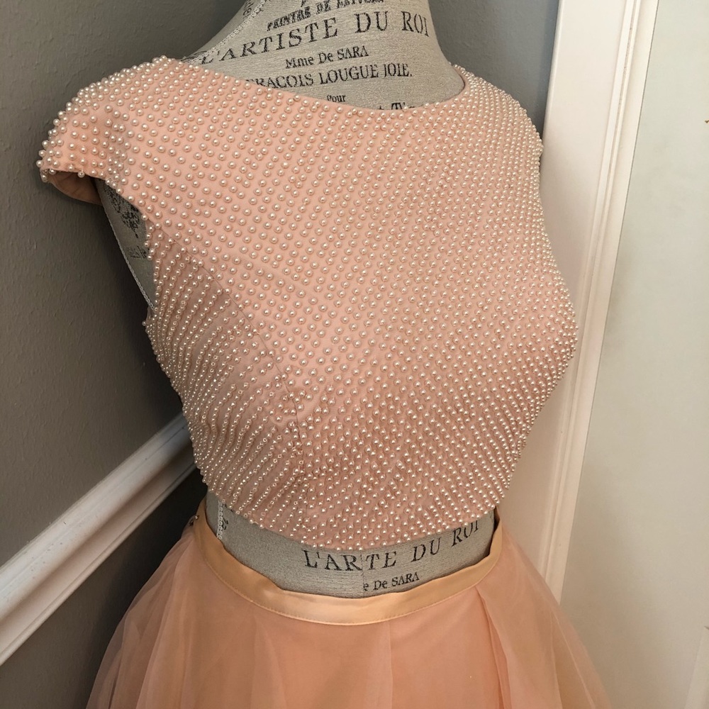 NEW TERANI COUTURE SZ 12 TWO PIECE PEACH PEARL FORMAL BALL GOWN - Picture 3 of 8